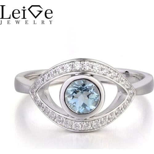 Leige Jewelry March Birthstone Natural Aquamarine Ring Promise Rings 925 Sterling Silver Round Cut Blue Gemstone Gifts for Her