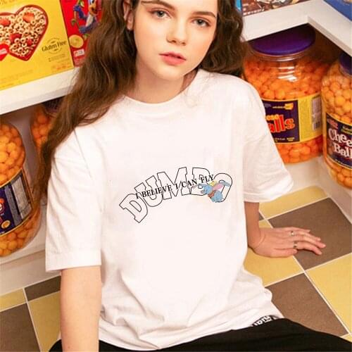 Disney Women Tshirt Anime Dumbo Letter Print Woman Short Sleeve Kawaii Cartoon Summer O-Neck Tee Tops For Female Clothes
