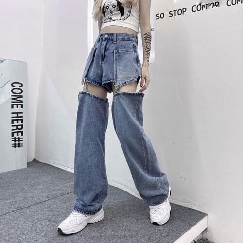 Lady Hollow Out Pocket Detachable Socks Street Denim Shorts Pants Blue Punk Girl Cool Harajuku Jeans Summer Straight Loose Pant