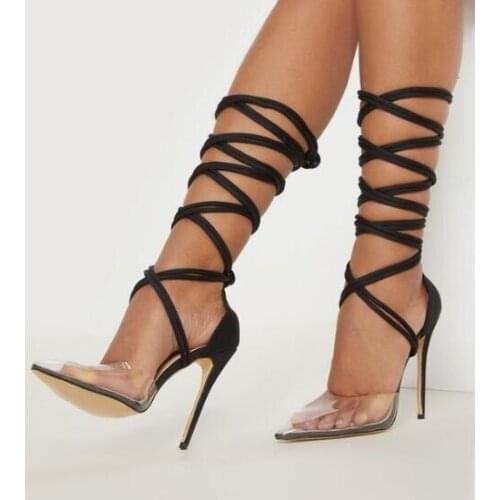 New Arrivals 2019 Black Cross Strap Tie-up Gladiator Sandals Women Clear PVC Pointed Toe Knee High Boots Women Cut-out Shoes