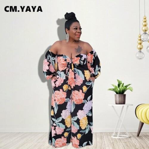 CM.YAYA Women Plus Size Jumpsuit Print Off Shoulder Full Sleeve Strapless Loose Jumpsuits Sexy Fashion Streetwear Summer Outfits