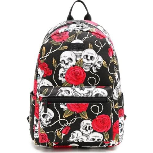Women Girl Skull Rose Flower Printing Punk School Backpack for Teenage Girls 14 inch Laptop Bags Kawaii Bookbag Daily Bag