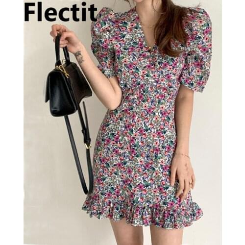 Flectit Ruffled Floral Dress Puff Sleeve V-Neck Frilled Hem Korean Womens Summer Dress