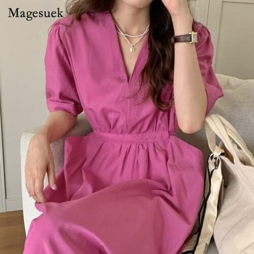 2021 New Fashion Korean Summer Dress Simple High Waist Solid Dress Short Sleeve Double Pocket V-neck Lace Up Waist Vestido 15088