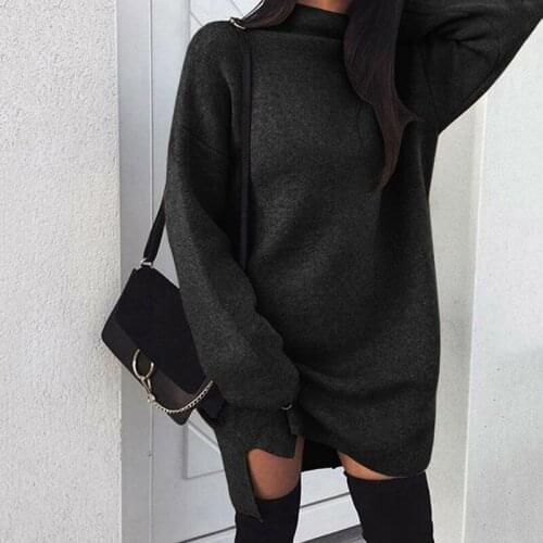 Turtleneck Long Sleeve Sweater Dress For Women Autumn Winter Loose Tunic Knitted Casual Pink Gray Clothes Solid Color Dresses