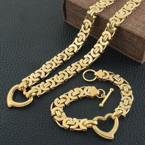 Free Shipping Stainless Steel Heart Gold Color Fashion Link Necklace Bracelet Simple Jewelry Sets High-quality For Gift SCAZBKDF
