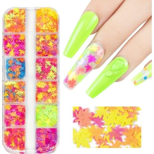 12 Grids Fluorescence Maple Leaf Nail Glitter Sequins 3D Colorful Star Letter Flakes Nail Art Decorations Manicure Accessories