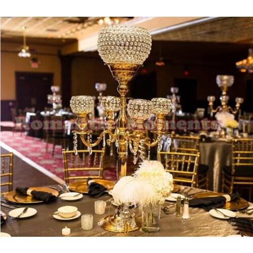 H88cm * W48cm, 5 Heads Crystal Candelabra Candle Holder wedding Centerpiece flower Vase Candle holder with pendants
