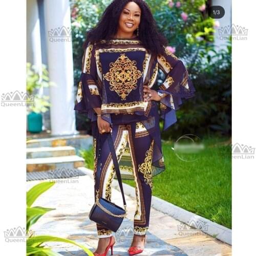 African Dashiki Suit New Big Elastic Pants Autumn Design Long Sleeve Chiffon Top Bazin Suit For Lady(XFTZ10#)