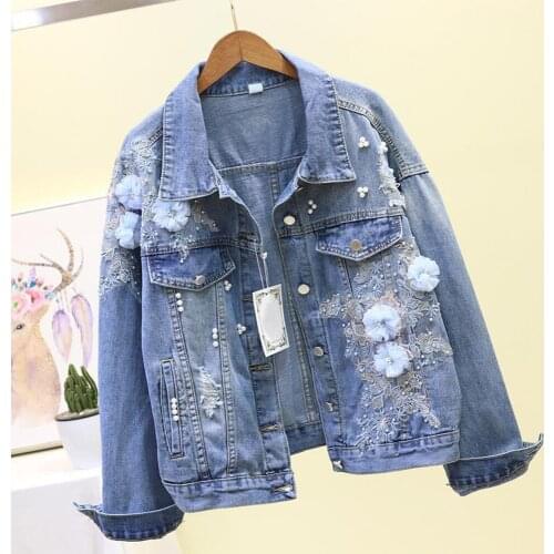 New Autumn Fashion Women’s Denim Jacket Full Sleeve Loose Button 3D Flower Jacket Coat Female Jeans Jacket Lapel Wild Leisure