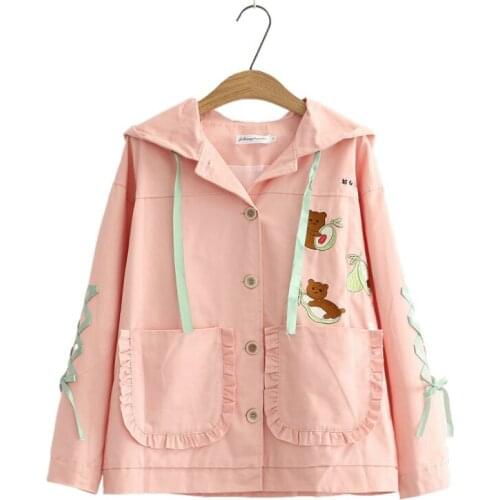 Women Jacket Cartoon Bear Embroidery Pocket Hooded Outerwear Ladies Harakuju Coats Long Sleevelace Up Female Cotton Jackets