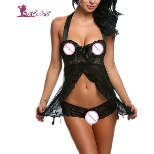 Lurehooker 2018 Sexy Lingerie Hot Front Split Lace Sleep Dress Perspective Halter Porn Nightdress Erotic Underwear Sexy Costumes