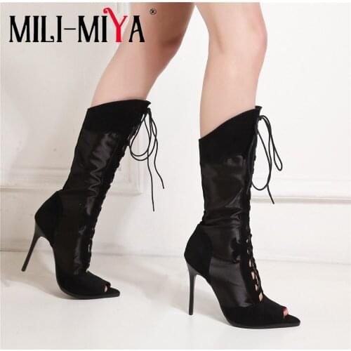 MILI-MIYA Blue black Mid calf boot Cross-tied Sexy Thin High Heel And sexy peep Toe Summer Long Shoes Fashion Cool Women Boots