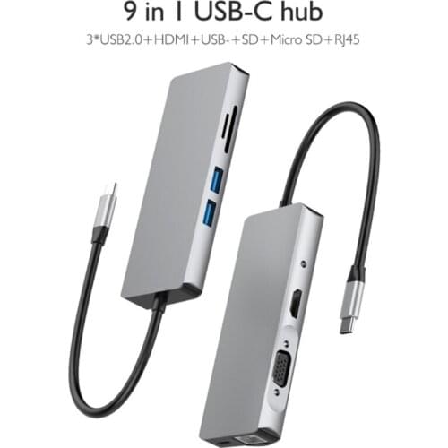 Multi-Function USB C Hub 9 in 1 USB-C Type C Adapter Dock 2 USB Ports 4K HDMI-Compatible TF SD VGA 3.5mm Audio Hub