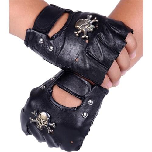 Rock Style Mens PU Leather Personality Skull Black Punk Half Finger Gloves Outdoor Cycling Gloves