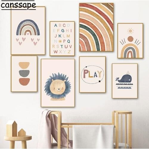 Boho Wall Art Poster Rainbow Print Alphabet Painting Whale Lion Posters Nordic Wall Paintings Baby Kids Bedroom Decoration