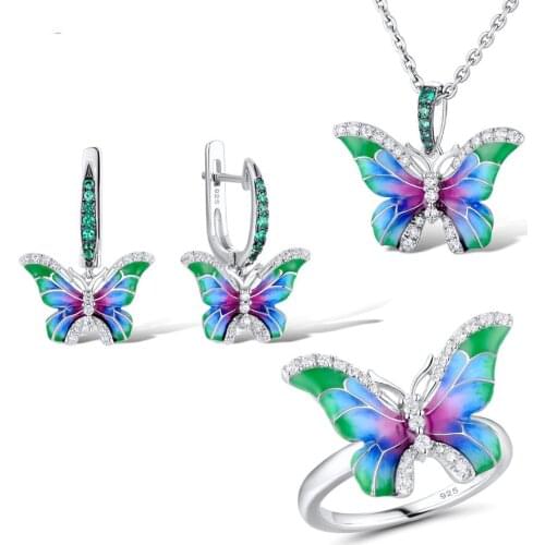 2019 New Arrival Animal Jewelry Set for Women Elegant Colorful Enamel Butterfly Flower Zircon Pendant Necklace Earrings Ring Set