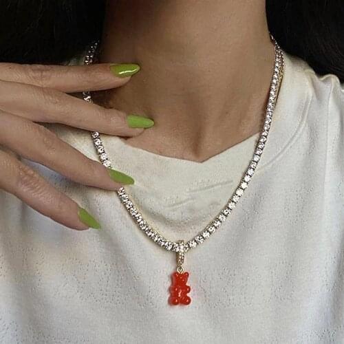 New Colorful Cute Resin Bear Gummy Crystal Pendant Necklace for Women Bling Rhinestone Tennis Chain Necklace Trendy Jewelry Gift