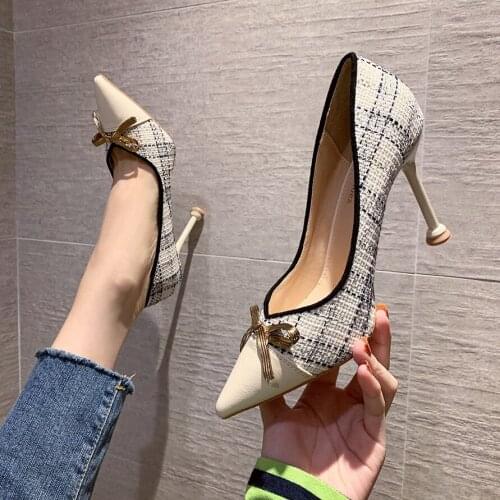 Woven PU Leather Bowtie Pumps Woman Spell Colors Shallow High Heels Shoes 2021 Pointed Toe Ladies Sweet Dress Wedding Shoes