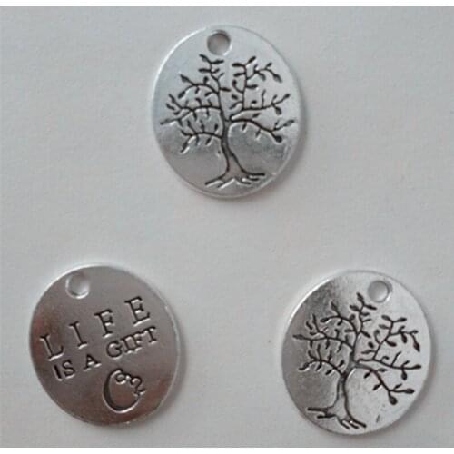 Nevstop 100Pcs/lot Antique Silver Fashion Plant Tree Charms LIFE IS A GIFT Tree Charms 18x20mm Jewelry Accessories