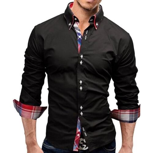 Men Shirts Solid Color Plaid Patchwork Men Fashion Turn Down Collar Long Sleeve Shirt Top Business Clothing 2021 XXXL рубашка