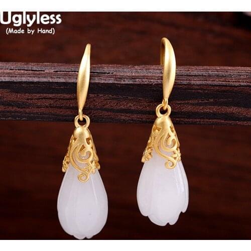 Uglyless Elegant Women Magnolia Earrings Real Gold Antioxidant 925 Silver Jewelry Xinjiang Hetian Jade Magnolia Brincos Bijoux
