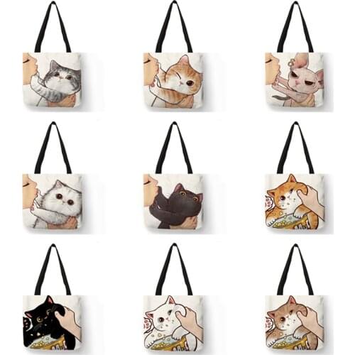 Funny Cute Kissing Cat Print Casual Tote Bag Eco Linen Cloth Handbag Women Ladies Large Reusable Shopping Bag for Outdoor Beach