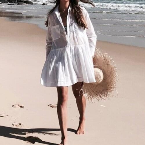 3 Colors Boho Packet Blouse Cover Up Women Casual Long Sleeve Loose V-neck Ruffles Women Summer Bathing Suit Boho Beachwear