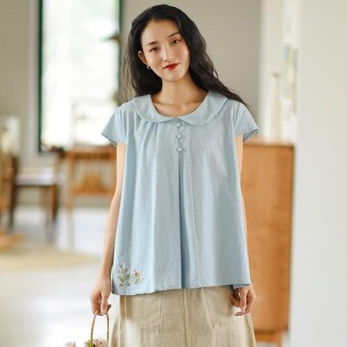 FairyNatural Ladies Embroidery Shirts And Tops Peter Pan Collar New Short Sleeve Women Sweet Mori Girl Blouses 2021 Summer