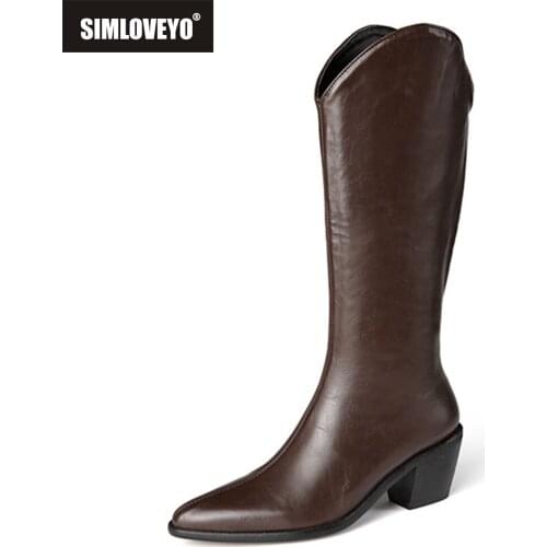 SIMLOVEYO 2021 Square High Heel PU Leather Knee High Boots Women Shoes Pointed Toe Western Style Zipper Big Size 34-46S2350