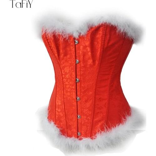 TaFiY Sexy Christmas Red Corset Costume Women Miss Santa Bustier Top Red Overbust And Bustier Halloween Party Fancy Costume