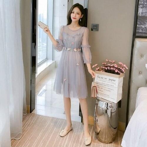 2021 New Spring Autumn Women Long Sleeve Knee length Dress Mesh Ruffles Knee-length Elastic Waist Dress Elegant Dresses Y508