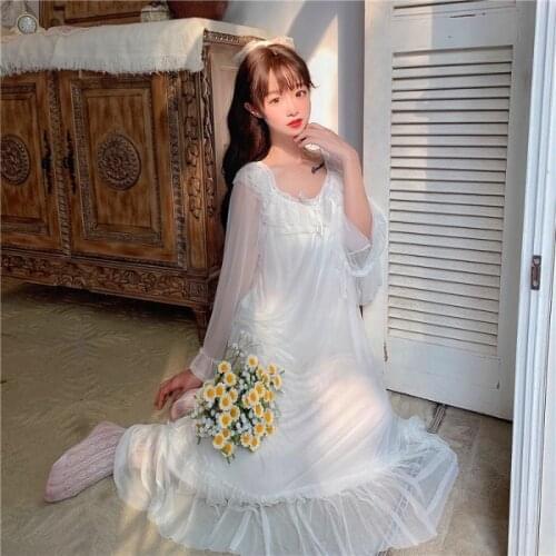 Sweet Womens Loose Dress White Net Yarn Flare Sleeve Dress Sleep Dress bow Trim Cute One Piece Fall Dress Home Clothes