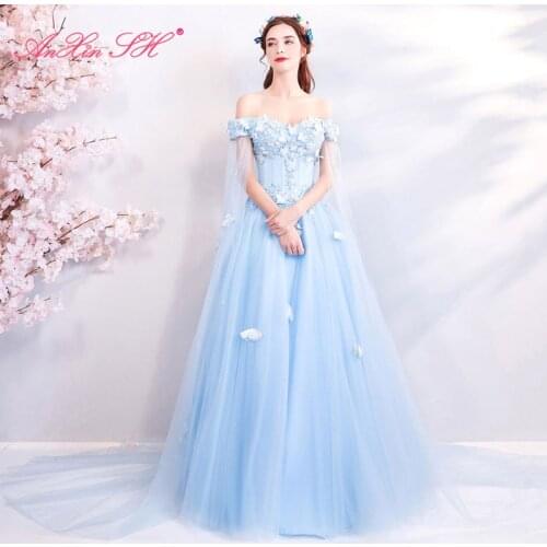 AXJFU blue lace flower evening dress luxury bride party princess beading crystal butterfly boat neck evening dress 1699t