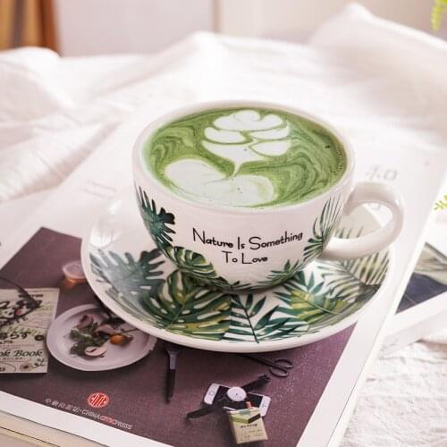 240ml Monstera Leaves Garland Ceramic Coffee Cup With Saucer Nature Fresh Large Caliber Cappuccino Latte Cup Sets Free Shipping