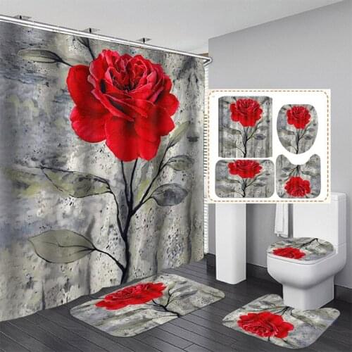 3D Rose Flower Retro Pattern Bathroom Set Shower Curtain Non-slip Cushion Toilet Cushion U-shaped Cushion Bathroom Essential