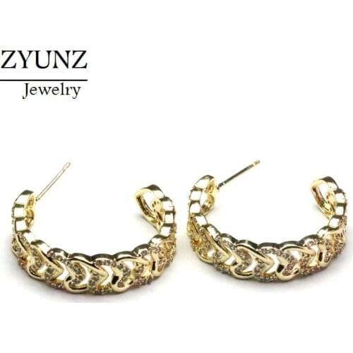 4 Pairs, Heart Circle Link Chain Brincos Gold Color Zirconia Jewelry CZ Micro Pave Stud Earrings