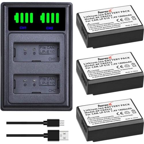 3Pcs LP-E10 1800mAh LPE10 Batteries+LED Dual Charger with Type C Port for Canon 1100D 1200D 1300D 2000D Kiss X50 X70 Rebel T3 T5