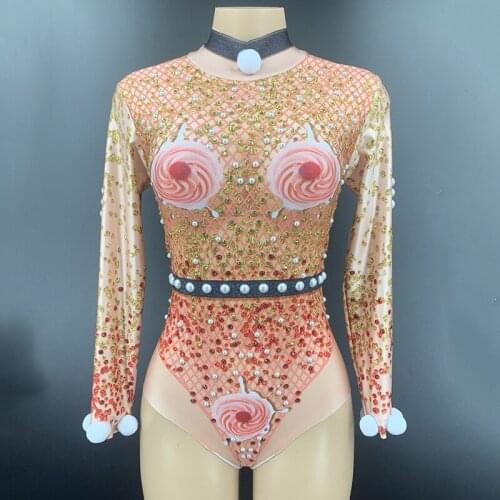 Red Gold Rhinestones Pearl Hairball Bodysuit Women Dancer DS Prom Outfit Birthday Celebrate Show Clothes Stage Wear DNV13379