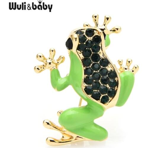 Wuli&baby Enamel Green Jumping Frog Brooch Pins For Women Jewelry Gift Black Rhinestone on Back Animal Badge 2021 New Design