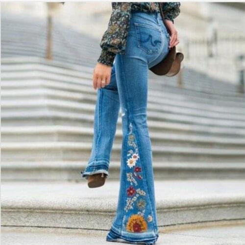 Embroidered Trousers Denim Bell Bottom Pants Ventilation High Street Fashion Wide Legged Women Elasticity Breathe Reely Hot