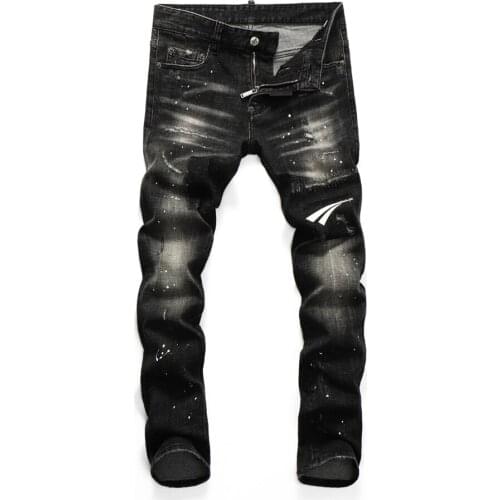 Europe dsq brand men slim elastic jeans Men slim denim trousers pant zipper Patchwork Slim black hole Stretch jeans for men