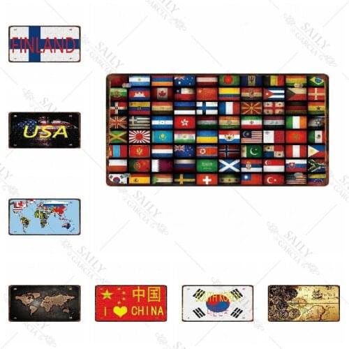 Country Flag Metal Wall Art Sign Vintage World Map Tin Sign Licenses Plate Decor Plaque Metal Vintage Bar Pub Club Decoration