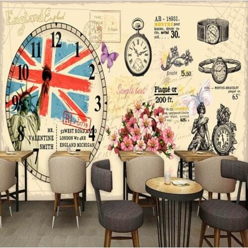 Custom mural Europe retro hand painted London pocket watch bar coffee shop background wall custom mural wallpaper