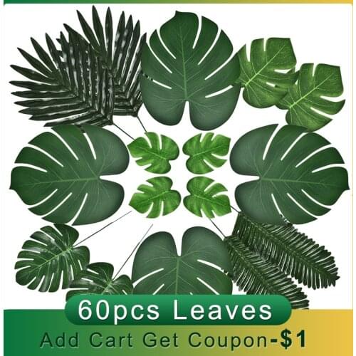 60pcs Artificial Tropical Palm Leaves for Hawaiian Simulation Monstera Leaves Theme Party Decoration Hawaii Home Decor