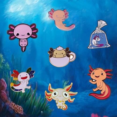 Kawaii Axolotl Brooch Hexagon Fish Amphibian Elf Enamel Pin Marine Demon Badge Christmas Present Accessory