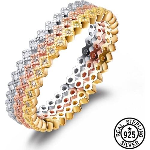 925 Sterling Silver Rings Yellow Gold Rose Gold and Rhodium Plated Clear CZ Fashion Stackable Band Rings Fine Jewelry