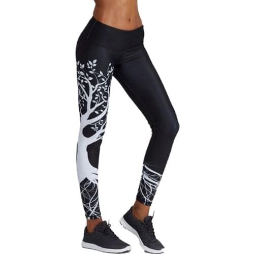 White Tree Printed Leggings Women Fitness Trousers High Waist Sportswear Gym Accessories Black Yoga Pants
