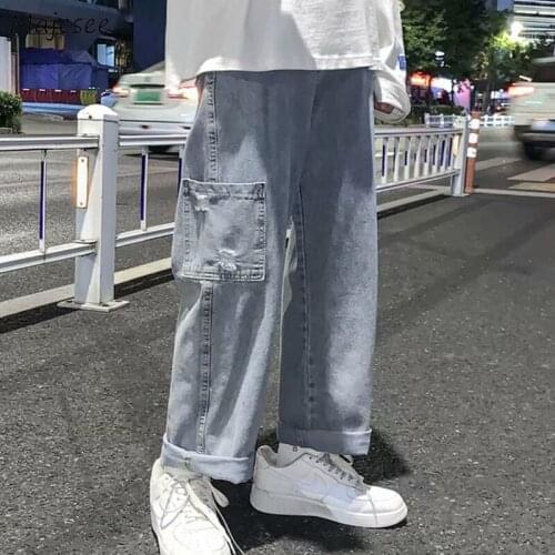 Men Jeans Ankle-length Retro Scratched Design Ulzzang High Street Hip-hop Harajuku Teens Fashion Loose Casual Plus Size S-3XL
