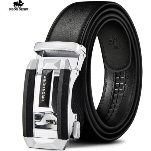 BISON DENIM Genuine Luxury Leather Men Belt Automatic Alloy Buckle Male Belt Top Quality Genuine Cowskin Leather Strap W71533